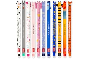 LEGAMI - Juego de 11 bolígrafos de gel borrables con punta de 0,7 mm, varios colores de tinta y diseños de animales, granja, tigre, mariposa, tiburón, etc