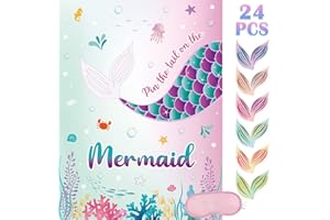 WERNNSAI Pin the Tail on the Mermaid Party Game - Mermaid Birthday Party Decoration 24 Pcs Reusable Tails Sticker Mermaid Party Supplies for Kids Girls Mermaid Party Favor 71 x 53 cm