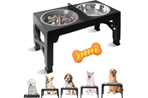 Auveach Ciotole per Cani Rialzate 5 Altezze Regolabile + Giocattolo da Masticare Forma dell'osso - Ciotola Inox 1200ml e Ciotola Anti Ingozzamento 800ml per Tutti i Cani (Nero)