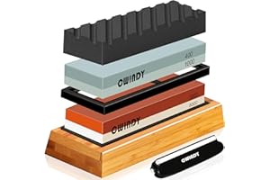 CWINDY Whetstone Sharpening Stone Kit Dual Sided 400/1000 & 3000/8000 Grit Professional Whetstone Knife Sharpener Stone Wet Stone Set Nonslip Bamboo Base Angle Guide, and Flattening Stone…