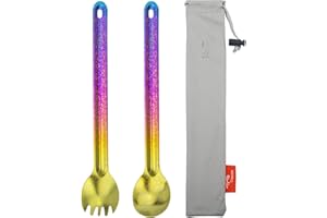 TiTo Titanium Cuillère et Fourchette à Long Manche Ultra Léger et Portable Titane Spork Cuillère Couverts avec Sac pour Camping Randonnée Pique-Nique Ustensiles Cuisine(Spork Box Package)