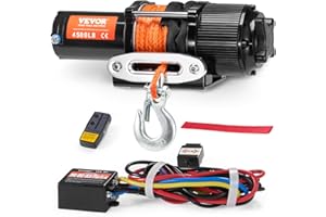 VEVOR Seilwinde 12V, 4500 lbs/2041 kg, Elektrowinde 12 V DC für Geländefahrzeuge/UTVs, Motorwinde mit 12-strängigem Synthetikseil (Φ0,6 x 1188,7 cm), Aluminium-Seilführung, Fernbedienungen, IP55