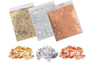 45g Foil Flakes, BetterJonny 3 Bags Gold Leaf Flakes Gold Foil Copper Leaf Silver Leaf Metallic Foil Flakes with Tweezer for DIY Craft