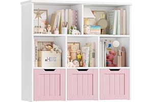 ‎FOREHILL FOREHILL Regał na zabawki dla dzieci, organizer na zabawki, regał na książki dla dzieci, 5 otwartych półek, 3 szuflady z kółkami, do pokoju dziecięcego, różowy, 100x33x89.5cm