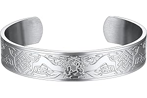 FaithHeart Viking Cuff Bracelet for Men, Stainless Steel Norse Runes/Wolf/Hammer/Celtic Tree Bangle Silver/Black, Adjustable Bracelets Engravable(With Gift Box)
