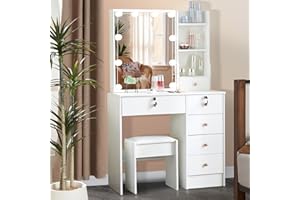 ‎SAIMEIHOME Saimeihome Schminktisch mit Beleuchtung und Hocker, Frisiertisch mit Verstellbarer Lichtfarbe und Helligkeit, Kosmetiktisch mit 6 Schubladen und 6 Ablagefächern für Schlafzimmer 80x36x130 cm 06DE08
