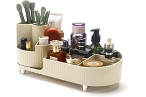 CESTATIVO Make up Organizer mit 360° drehendem Make up Pinsel Halter, Kosmetik Organizer mit großer Kapazität, Hautpflege-Organizer für Kommode Tisch/Waschtisch im Bad (Creme)