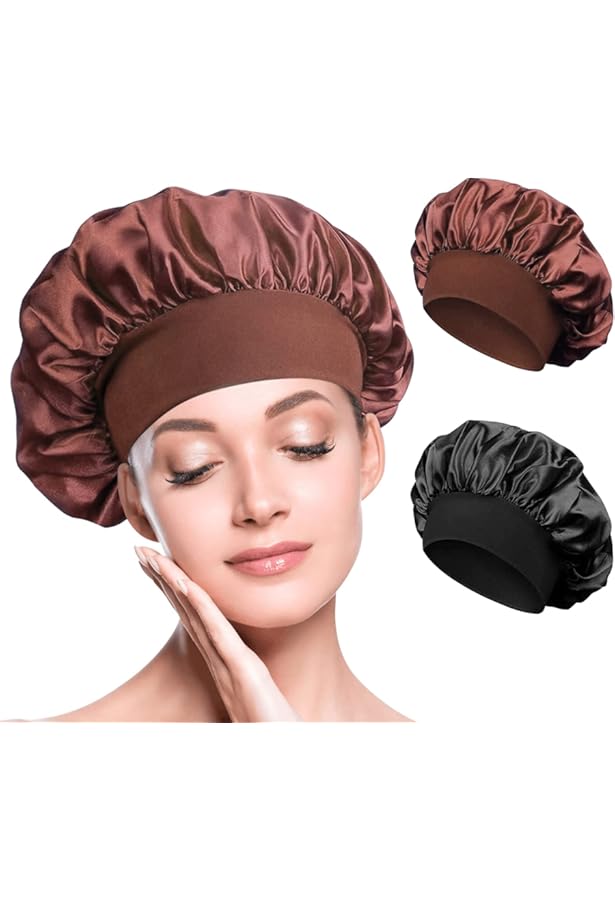 Lot De 2 Bonnets De Nuit En Satin + 2 élastiques - Noir Et Vin Rouge - Pour Protéger Les Cheveux, Réduire Les Frisottis - Taille élastique