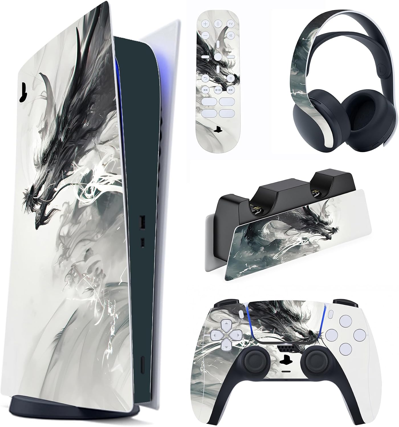 PlayVital Pegatina Completa para ps5 Edición Digital - Calcomanía Vinilo para Consola, Control, Estación de Recarga, Control Remoto y Audífonos, Adhesivo Piel (Dragón Ink Spirit)