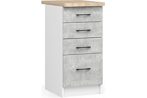 AKORD | Mueble de Cocina con encimera - Oliwia S40 | Mueble Base con 4 cajones | Mueble de Entrada | Aparador | Isla | Armario | 46 x 40 x 85 cm | Blanco | Cemento