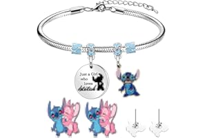 BITOWO Set di 3 braccialetti e orecchini a forma di Stitch, per ragazze, donne, bambini, signore, carini, cartoni animati, orecchini a perno, braccialetti dell'amicizia, per ragazze, compleanni, lauree, set