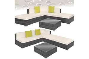 TecTake® Ensemble Salon de Jardin Exterieur XXL en Poly Rotin Modulable Canapé 5 Places 3 Fauteuil Salon 2 Tabouret Pouf et 1 Table de Jardin, Mobilier de Jardin pour Amenagement Balcon Terrasse