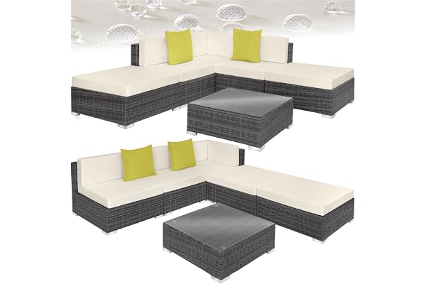tectake® Ensemble Salon de Jardin Exterieur XXL en Poly Rotin Modulable Canapé 5 Places 3 Fauteuil Salon 2 Tabouret Pouf et 1 Table de Jardin, Mobilier de Jardin pour Amenagement Balcon Terrasse