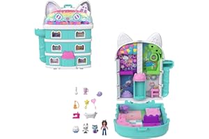 Polly Pocket x “La casa de muñecas de Gabby” Estuche Conjunto de juego y muñequitas, incluye 9 accesorios temáticos y a las mascotas Pandy Patitas, Muffin y Siregata, JFV02