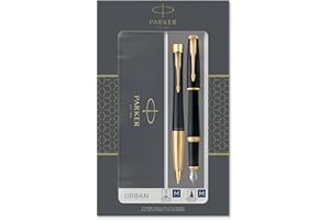 Parker Urban Duo Gift Set with Ballpoint Pen & Fountain Pen| Muted Black with Gold Trim | Blue Ink Refill & Cartridge