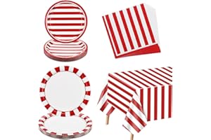 PIXHOTUL Forniture per feste di carnevale e circo, strisce rosse e bianche, decorazioni per feste, 61 pezzi, include piatti di carta, tovaglioli, tovaglia di carnevale per compleanno, carnevale, baby shower,