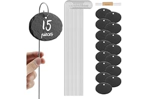 Navaris Set 15x Etichette per Piante in Ardesia 10 x 7 cm - Cartellini Segnanome con Asta 40 cm - Targhette in Pietra Scrivibili Ovali - Accessori Giardinaggio con 2 Gessi