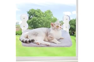 DYUEE Foldable Plush Cat Window Perch Hammock Soft Hanging Bed with Steel Frame & Strong Suction Cups, Cat Window Sill Holder for Glass Windows, Supports 18KG, Comfortable Lounge Seat for Cats (Grey, L)