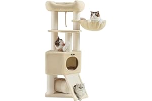 Feandrea PCT002M01 Duży drapak dla kota, M, z hamakiem jaskiniowym, pluszowa platforma, tunel, słupki sizalowe, deska do drapania, 50 x 50 x 141 cm, beżowy