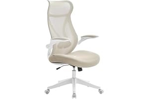 SONGMICS Office Chair, Swivel Mesh Chair, Ergonomic Backrest, Height Adjustable, Flip-Up Armrests, Headrest, Supports up to 150 kg, Cappuccino Beige OBN088K01