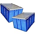 SINGHAL Plastic Crate 60x40x27 CM With Lid Pack of 2, Multipurpose Heavy Duty Big Blue Portable Crates for storage | Shelf Basket for Large Storage Bin | Vegetable, Fruit, Milk