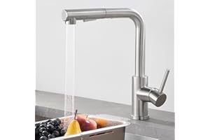 WOOHSE Wasserhahn Küche Ausziehbar, 360°Drehbare Küchenarmatur mit Brause Ausziehbar, Hochdruck Spültischarmatur mit 2 Strahlarten, Armatur aus Edelstahl, Gebürstet, Mischbatterie Küche
