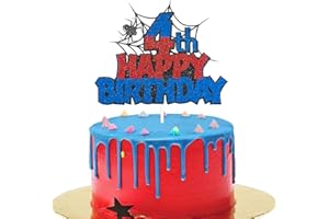 KOBOKO Spider dekoracja tortu na 4 urodziny, urodziny, 4 lata, błyszcząca dekoracja tortu na 4 urodziny, dla chłopca, dekoracja ciasta na urodziny dziecka, dekoracja Happy Birthday