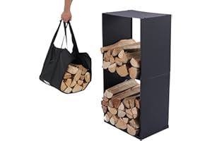 Lendo Online Kaminholzregal + Tragetasche - Innen & Außen - Feuerholzregal - Kaminholzständer - Brennholzregal - Schwarz - Metall (40x28x80cm)