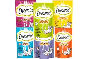 Pulla ® Dreamies Cat Treats Selection Box,Chicken, Cheese, Salmon, Beef, Duck, Turkey - 6 x 60g Bags