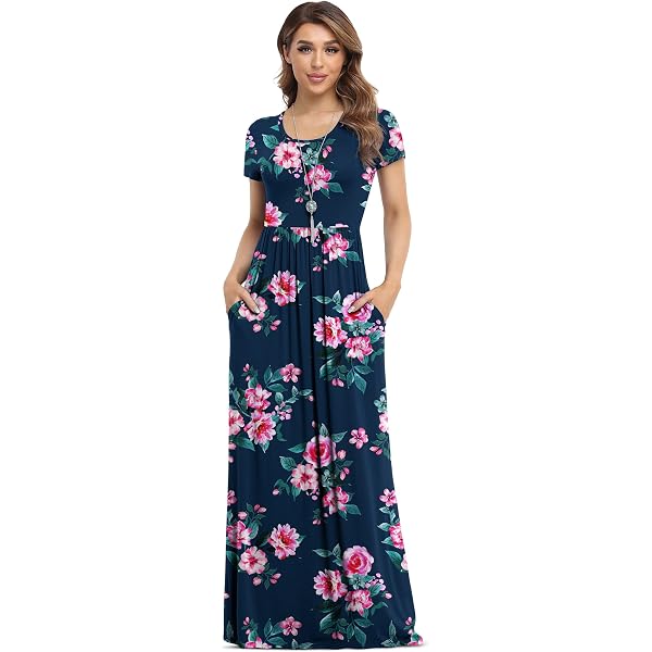 VIISHOW Women's Short Sleeve Maxi Dress - Loose Casual Long Dress With Pockets, Flower Gypsophila Black - View #10