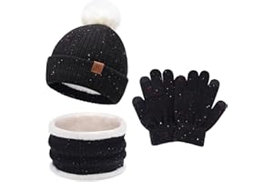 BEQUEMER LADEN Enfants Bébés Hiver Bonnet Gants Tactiles Écharpe Ensemble Bonnet Pompon Moufles Cache-Cou avec Doublure Polaire pour 0-8 Ans Fille Garçon