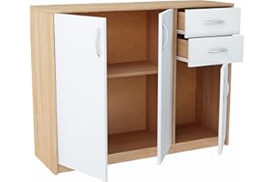 ‎MATKAM MATKAM Kommode 3D2S, B110 x H85 x T35 cm, Sideboard mit 2 Schubladen und 2 Fächer mit Türen, ideal für Büro, Diele, Wohnzimmer, Jugend- oder Kinderzimmer (Sonoma Eiche – Front in weiß)