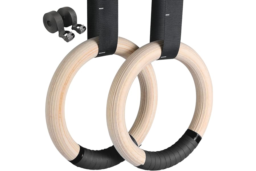 LIFERUN Gymnastics Rings Wooden Rings Gymnastics Rings 28 mm/32 mm, Olympic Gymnastics Rings with Grip Strap, Adjustable Buckle Straps and Markings, Rings Training for Full Body Workout