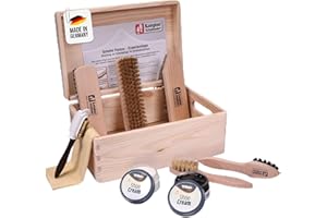LANGLAUF SCHUHBEDARF Juego de limpieza de zapatos de Verona, madera de pino natural, con 9 piezas para el cuidado de zapatos TRG, crema de zapatos – FSC 100%