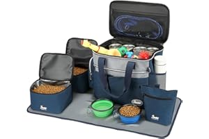 TAIHOYIN Hunde Reisetasche Flugzeug Haustier Reiseset für Hundezubehör mit 2 Futtertasche + 2 Zusammenklappbare Schüsseln + Fütterungsmatte + Hundeleckerli Tasche, Hundetragetasche für Unterwegs, Blau