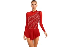 ranrann Femme Robe Patinage Artistique Strass Justaucorps Manche Longue Bodysuit Gymnastique Leotard Gym Brillant Spectacle Compétition S-XXL