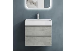 doporro Mobile Bagno Sospeso 60x38x56cm, Mobile da Bagno con 2 Cassetti Include Lavabo Bianco 60cm, Cemento