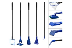 JUHONNZ Zestaw do czyszczenia akwarium 5 w 1 zestaw do czyszczenia akwarium ze szkła z siatką do ryb, grabiem żwirowym, widelcem do roślin, skrobak do usuwania glonów, szczotka z gąbką, uchwyt, łącznik, zbiornik na tropikalną rybę akcesoria do czyszczenia akcesoriów