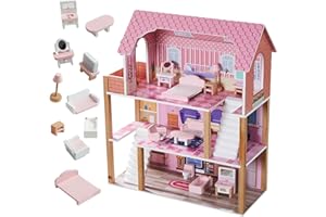 WODENY Wooden Dolls House with 11pcs Furniture & Staircase Accessories, 3-Storey Large Dollhouse Playset for Girls Kids Role Play Toy Educational Gift for Aged 3+ Years (Rose)