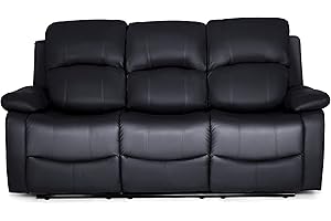 Bravich Luxury Black Bonded Leather Manual Recliner Sofa - Living Room Furniture, Lounge Chair Sofa Set for Ultimate Comfort & Elegance. 3 Seater for Home (200cm x 93cm x 97cm)