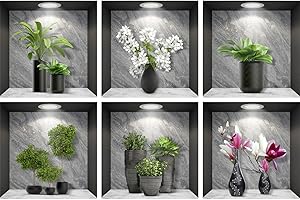 ESFIVHO 6er Set Wandtattoo 3D Effekt Vase - 3D Wandaufkleber Selbstklebend mit Blumen Grüne Pflanzen Baum Bonsai - Wandsticker Wandbild für Schlafzimmer Wohnzimmer Kinderzimmer Küche Büro 36x36cm
