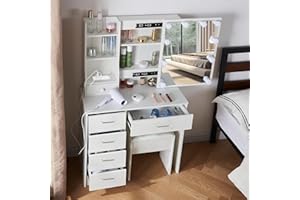LIANWANG Hollywood Vanity Desk Set with Power Outlet for Hairdryer and Phone, Makeup Table with Brightness Adjustable & Large Tabletop, Dressing Cosmetic with Drawers, Stool and Lighted Mirror for Girls