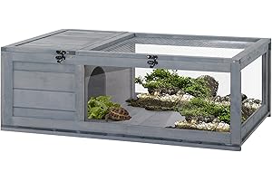 PawHut Casa para Tortugas de Madera Terrario para Reptiles con Techo de Malla Paneles Laterales Transparentes Extraíbles y Pestillo de Seguridad Caseta para Tortugas 91x60,5x32 cm Gris