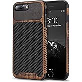 TENDLIN Kompatibel mit iPhone 7 Plus Hülle/iPhone 8 Plus Hülle Holz und Carbon Fiber Leder Flexiblem TPU Silikon Hybrid Weich