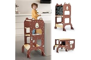 labebe torre montessoriana bambini, grandi dimensioni torre montessoriana pieghevole in legno, torretta montessoriana multifunzionale 3 in 1 con lavagna-orso bruno
