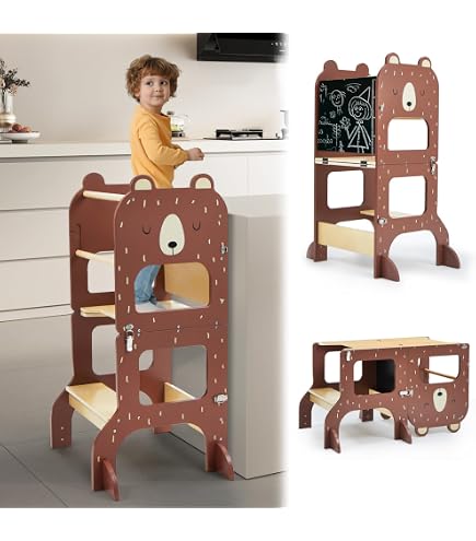 Tour D’apprentissage Montessori Pliable – Table Et Siège Convertible, Hauteur 45 Cm | Bois Bouleau, Gris, Sécurisée