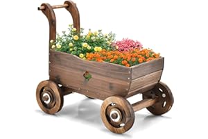 FANTASK Carrello per fiori in legno con ruote e maniglia, per piante con foro di scarico, per giardino, terrazza, per piante, carriola, decorazione da giardino, fioriera
