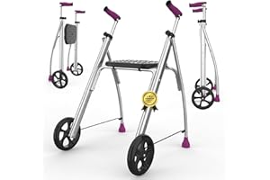 INDESmed - Andador Plegable con Asiento de Aluminio para ancianos, personas con movilidad reducida o rehabilitación. Ajuste preciso, Mango antitendinitis y antideslizante, 2 Ruedas (Morado)