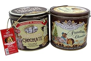HDIUK Chocolate Panettone Twin Pack, 2 Tin Design Retro and Christmas Pack Featuring Chiostro Di Saronno Specialta