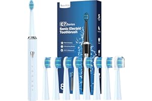COULAX Cepillos de Dientes Electricos Sónico Adultos y Infantil- Cepillo Electrico con 8 Cabezales, 5 Modos, IPX7 Impermeable, Cepillos de Dientes Eléctricos Ultrasónicos, Azul Claro